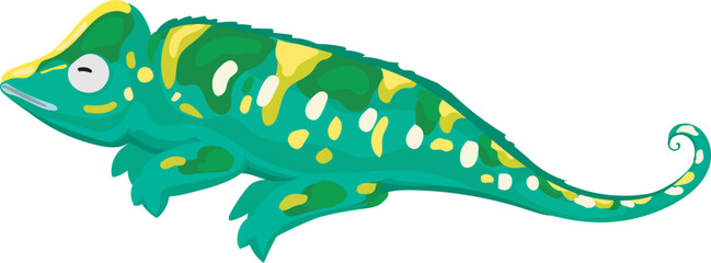 Cartoon green chameleon illustration on transparent background.

