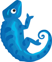 Cartoon blue chameleon illustration on transparent background.
