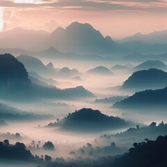 Obraz premium Misty mountain landscape at dawn, ethereal and serene