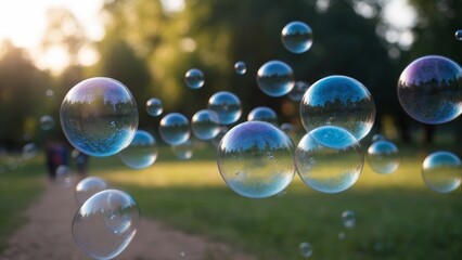 Many soap bubbles floating over a path in a sunny park