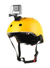 Fototapeta premium Modern action camera on helmet against white background
