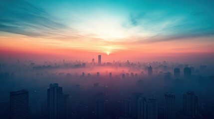 Fototapeta premium A breathtaking skyline at sunrise, showcasing a vibrant blend of colors illuminating the city amidst morning fog.