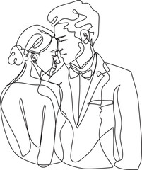 One line drawing weding couple illustration on transparent background.
