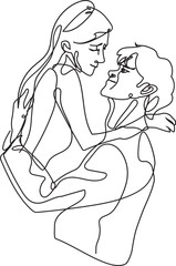 One line drawing weding couple illustration on transparent background.
