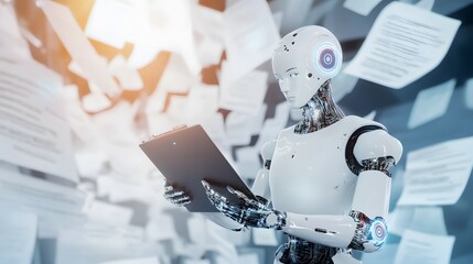 A white humanoid robot holds a clipboard in front of a background of floating documents.