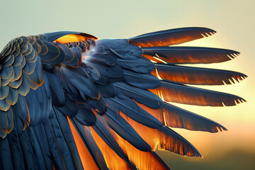 Fototapeta premium Close up photo of a raptor's outspread wing showing the spread outer primaries against a sky with sunset lighting.