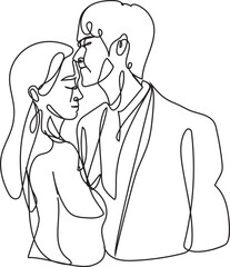 One line drawing weding couple illustration on transparent background.
