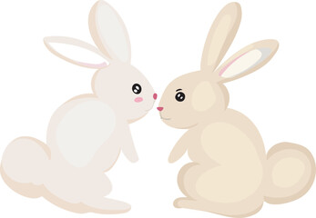 Cartoon cute rabbit couple illustration on transparent background.
