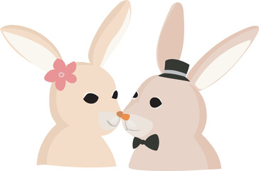 Cartoon cute rabbit couple illustration on transparent background.
