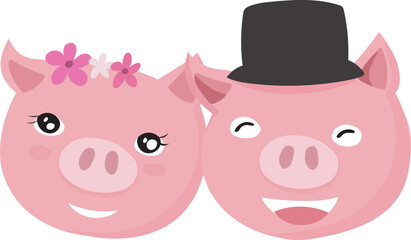 Cartoon cute pig couple illustration on transparent background.

