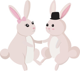 Cartoon cute rabbit couple illustration on transparent background.
