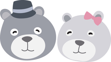 Cartoon cute bear couple illustration on transparent background.
