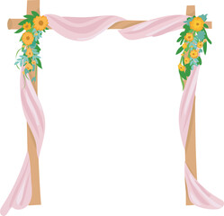 Wedding arch with pink fabric illustration on transparent background.
