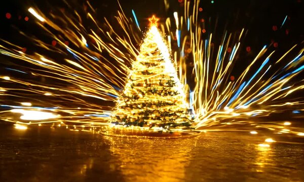 A lit up Christmas tree with a star on top