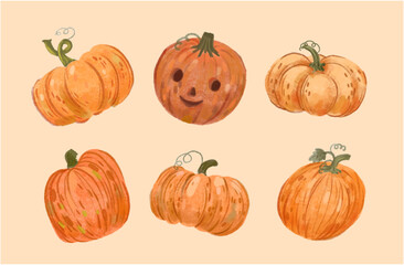 Hand drawn pumpkin set. Illustrations for autumn, Halloween and holidays.
