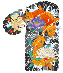 Japanese irezumi style chest long sleeve tattoo design, hanya, namakubi, koi fish, 건대타투 타투달, 남자 가슴긴팔, 한야, 잉어 타투도안
