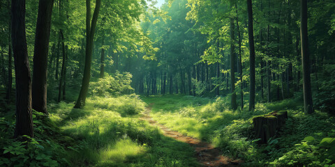 Fototapeta premium Sunlight Streaming Through Lush Green Forest Trees - Scenic Nature Landscape Panorama with Sun Rays in Vibrant Summer Woodland