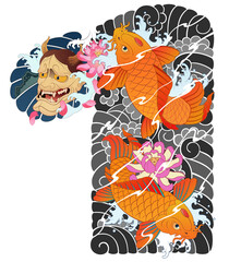 Japanese irezumi style chest long sleeve tattoo design, hanya, namakubi, koi fish, 건대타투 타투달, 남자 가슴긴팔, 한야, 잉어 타투도안