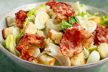caesar salad with fried bacon, quail eggs, homemade, no people,