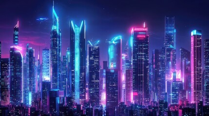 Fototapeta premium Futuristic city skyline with sleek, modern architecture illuminated by neon lights. Panoramic view highlighting advanced technology and digital effects.