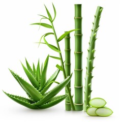 Fototapeta premium Aloe vera and bamboo, zen garden element, serene illustration, natural green tones, isolated on white background