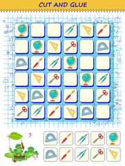 Use a scissors to cut and glue school items in order. Back to school. Logic Sudoku puzzle game. Educational page for children. Printable template for kids. Cutting and handwork skills. Vector image.