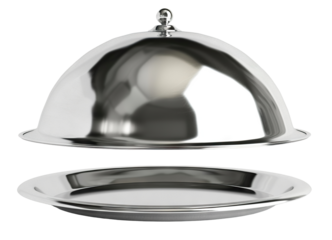 Silver serving cloche raised above empty plate, cut out