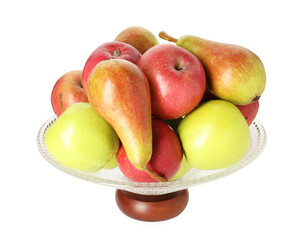 Glass vase with fresh pears and apples isolated on white