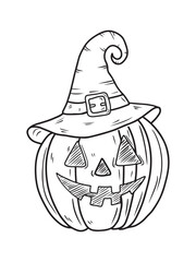 Vector hand drawn carved pumpkin with smile face in witch hat with belt in black isolated on white background. Hand drawn sketch illustration in doodle engraved vintage line art style. Halloween