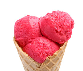 Wafer cone with delicious sorbet isolated on white