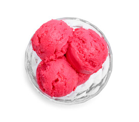 Delicious sorbet in bowl isolated on white, top view