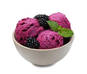 Delicious blackberry sorbet, mint and fresh berries isolated on white