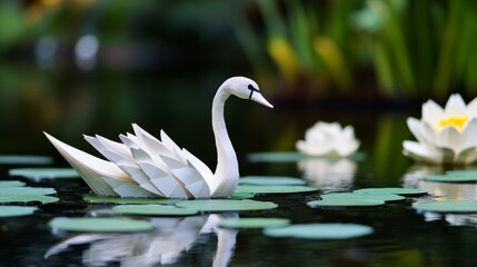 Obraz premium Delicate Paper Swan Gracefully Afloat on Still Pond with Lily Pads