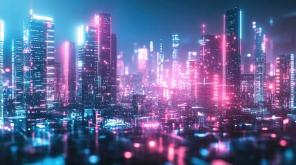 Futuristic urban skyline with modern buildings bathed in neon lights and abstract digital effects, perfect for hi-tech and science concepts.