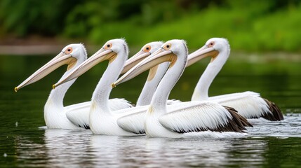 A group of pelicans swimming in a lake with their beaks out, AI