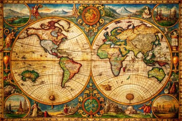 A beautifully illuminated ancient world map from the 16th century featuring intricate illustrations, ornate borders,