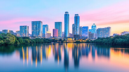 Fototapeta premium Panorama miasta o zmierzchu: Spokojna panorama miasta o zmierzchu z błyszczącymi wieżowcami odbijającymi się na spokojnej rzece, prezentująca nowoczesny miejski blask