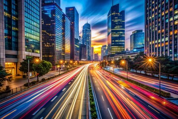 A blurred cityscape at dusk serves as a vibrant, dynamic background, with streaks of light from cars and