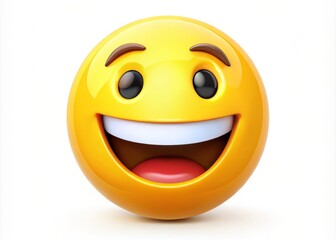 Fototapeta premium A bright yellow emoticon with a broad, toothy grin and uplifted eyebrows conveys happiness and friendliness, adding a