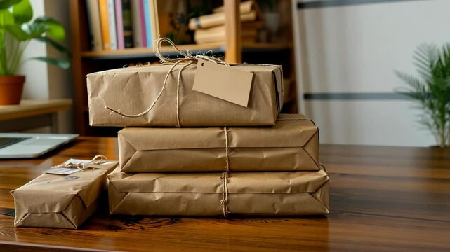 Wrapped packages on a wooden table in a cozy workspace during the afternoon