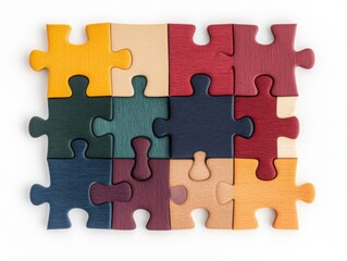 Fototapeta premium Puzzle pieces of various colors and patterns coming together, symbolizing the interconnectedness of diversity in woke culture, isolated on white background