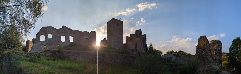 Fototapeta premium Rokstejn castle ruins by Brtnice town,Vysocina region,Bohemia Czech republic,gothic medieval castle ruins with tower and fortification stone walls