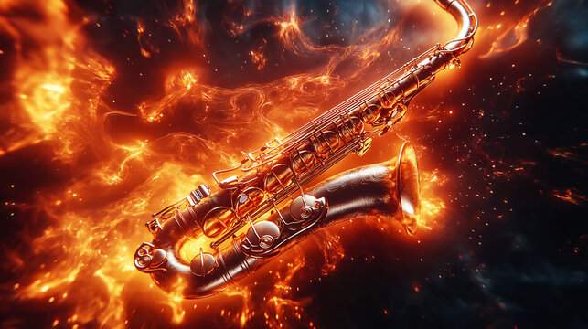 Musical notes and sound waves come from the saxophone. Composition for Music Day.