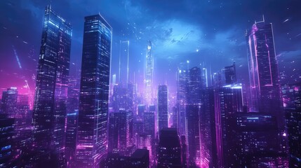 Obraz premium High-tech cityscape with modern architecture and neon light effects, presenting a panoramic view that emphasizes futuristic digital technology.