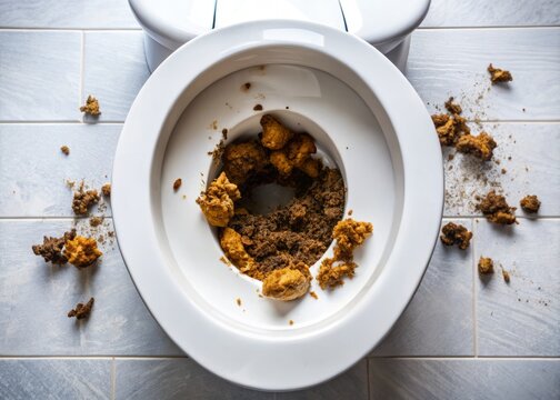 A close-up shot of a brown, misshapen pile of feces sits on a white toilet bowl, surrounded by
