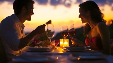 A couple enjoys a romantic dinner with wine and candlelight as the sun sets.