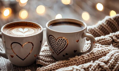 Two coffee cups with heart designs snuggled in a warm knit blanket