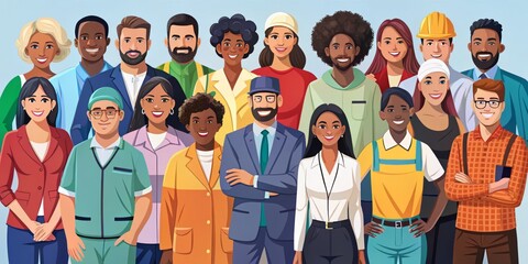 A colorful illustration of diverse individuals with unique personalities, professions, and styles, symbolizing unity,