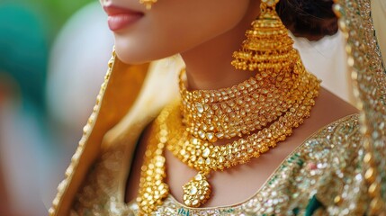  an Indian women wearing gold jewellery for her wedding, traditional pakistani/bangladeshi wedding gold jewelry bride