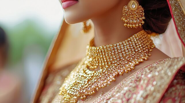  an Indian women wearing gold jewellery for her wedding, traditional pakistani/bangladeshi wedding gold jewelry bride